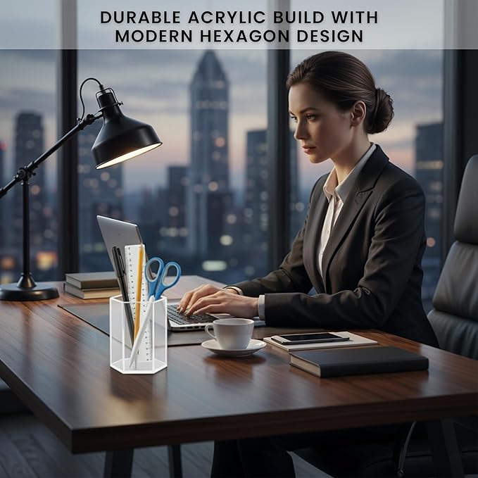 Acrylic Pen Holder for Desk | Hexagonal Cute Pen Holder | Multipurpose Clear Acrylic Makeup Organizers, Clear Toothbrush Holder Cups & Pencil Cups for Classroom, Office Desk Accessories