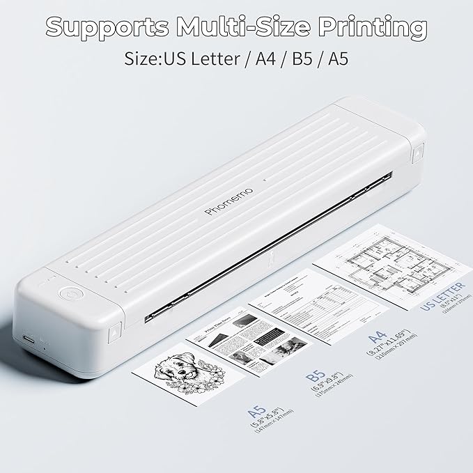Phomemo P831 Portable Printers Wireless for Travel - 300 DPI Bluetooth Travel Printer Support 8.5x11 US Letter & A4 Regular Copy Paper, Inkless Printer Compatible with Mobile & Laptop for Home Office