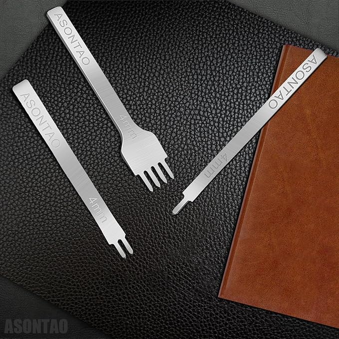 Professional Leather Stitching Chisel Set | 4mm White Steel Diamond Lishing Tools with 1/2/4 Prong & Hole Punch | Industrial-Grade Leather Craft Kit for Belts, Bags, Saddlery - ASONTAO