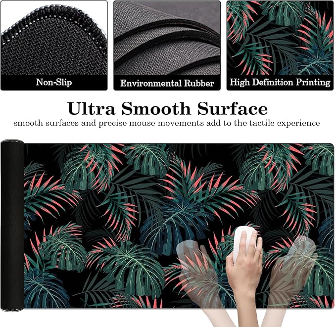 Gaming Flowers Plants Background Pattern Desk Mat Black Background Large Extended XXL Non-Slip Laptop Computer Mouse Pad (31.5" x 15.7")