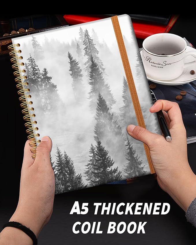 Ruled Spiral Writing Notebook,A5 Hardcover Lined College Journal for Women,Strong Twin-Wire Binding with Premium Paper,8.4" X 6",Perfect for School,Office,Home(Black White Forest)