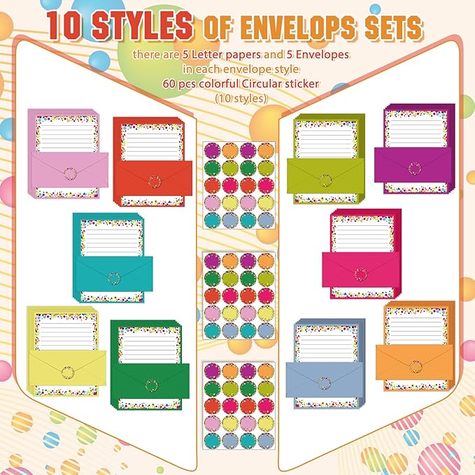 TaoBary 160 Pcs Stationery Paper Set 50 Double Sided Stationery Papers with 50 Matching Envelopes and 60 Round Dot Sticker, 10 Design(Polka Dot,8.5 x 11 Inch)