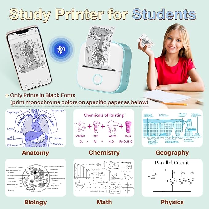 Memoking Sticker Printer - Mini Thermal Sticker Printer, T02 Inkless Pocket Label Maker, Bluetooth Portable Photo Printer, Instant Print Perfect for Students School Supplies,Flashcards, Journals