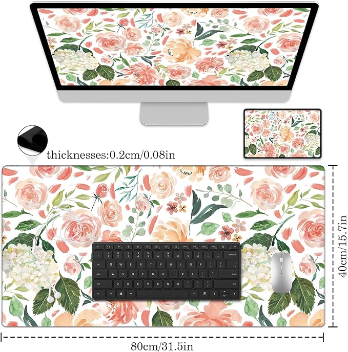 Peony Flower Desk Pad Protector, Stitched Edges Mouse Pad, Large Office Desk Mat, Non-Slip Desk Blotter, Laptop Desk Pad, Floral Desk Writing Pad for Office and Home (31.5" x 15.7")