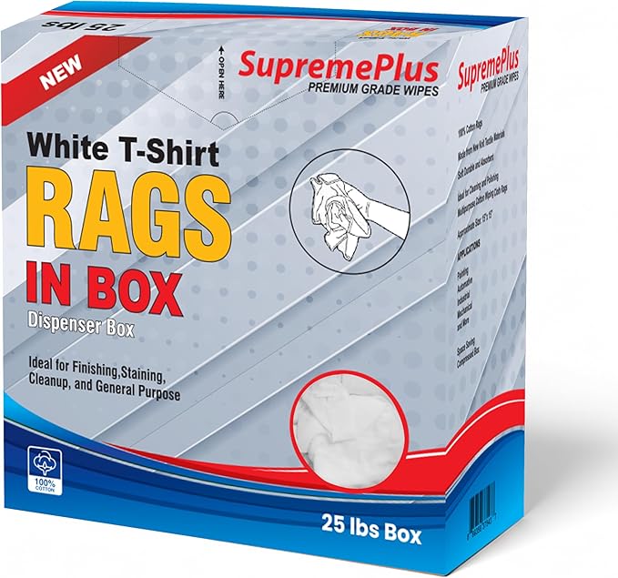 SupremePlus Premium White T-Shirt Cleaning Rags (25 lbs. Compressed Box of Rags) – White Cotton Cloths for Cleaning, Staining, Painting, Oil, Grease & Dust Removal