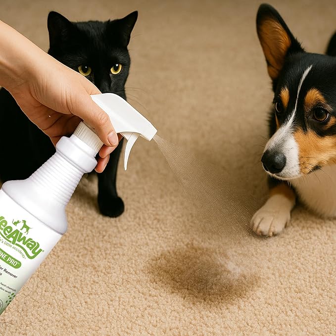 Wee Away Pet Stain and Odor Remover Spray, Biodegradable Enzyme Cleaner for Dog and Cat Urine, Poop, Diarrhea, & Vomit, For Carpets, Upholstery, Cages, Litter Boxes (32 oz) (Green Tea)