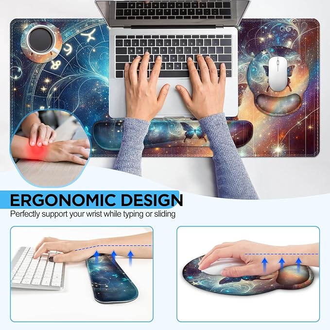 AIMSA Keyboard Mouse Pad Wrist Rest Set, Large Gaming Mouse Desk Pad with Wrist Support Ergonomic Design, 4 in 1 Mousepad for Home Office, Starry Sky Butterfly