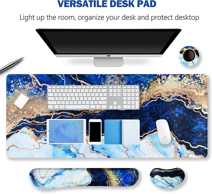 ARTSO Large Gaming Mouse Pad, Keyboard Wrist Rest Pad & Wrist Support Mousepad Set, Stitched Edge, Extended, Non-Slip Base, Memory Foam,Multifunctional Desk Mat 4pcs for Office & Home, Blue Marble