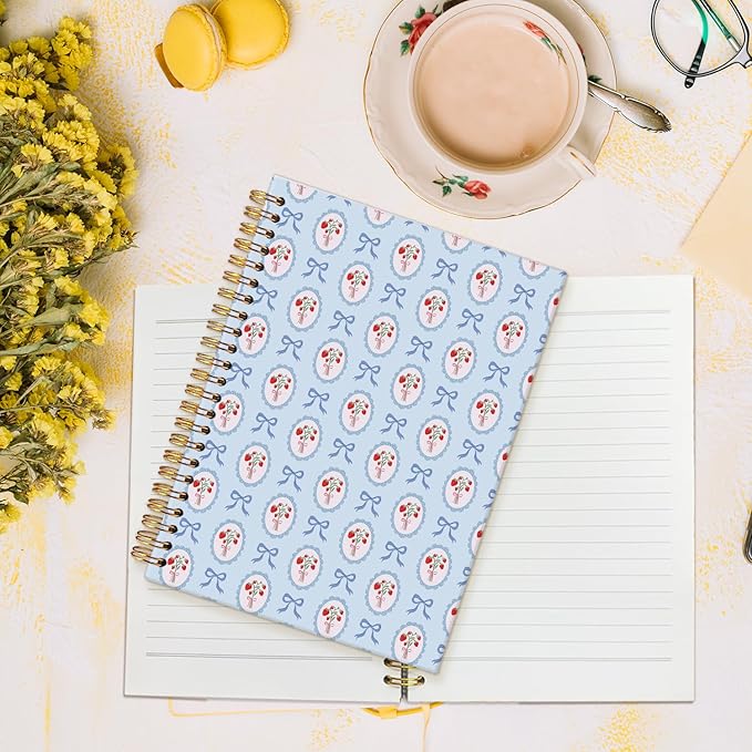 MOFUYU Blue Bow Spiral Journals for Women,Cute Notebooks for School,Strawberry Preppy Aesthetic Spiral Notebook,Strawberry School Supplies,A5 Size 5.5x8.3