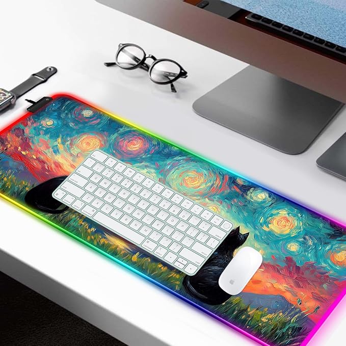 RGB Cute Black Cat Fantasy Starry Night Gaming Desk Mat, Computer Keyboard Large Extended Long Animal LED Mouse Pad for Office and Home, XL (W03)