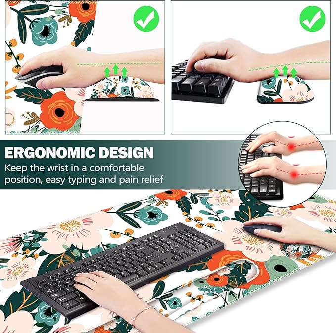 ARTSO Extended Gaming Mouse Pad Set, Keyboard Wrist Rest Support Pad + Wrist Cushion + XXL Large Mouse Pad + Coaster, Stitched Edge, Non-Slip, Memory Foam Desk Mat, Flower