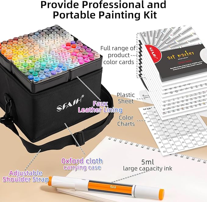 SFAIH Alcohol Markers Brush & Chisel - 168 Colors Double Tipped Art Markers for Adult Coloring Illustration, Gifts for Artist Adult - Adjustable Shoulder Strap & Faux Leather Lining & Outer Zip Pocket