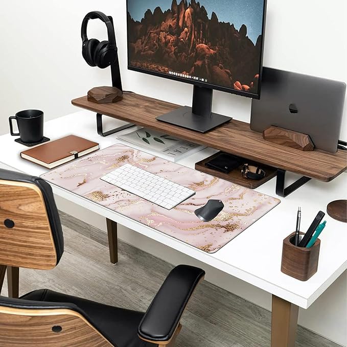 Large Gaming Mouse Pad for Desk, Gold Pink Marble Desk Mat for Desktop, Non-Slip Rubber Base Stitched Edges Long Computer Keyboard Mouse Mat Desk Pad for Home Office Gaming 35.4"X15.7"