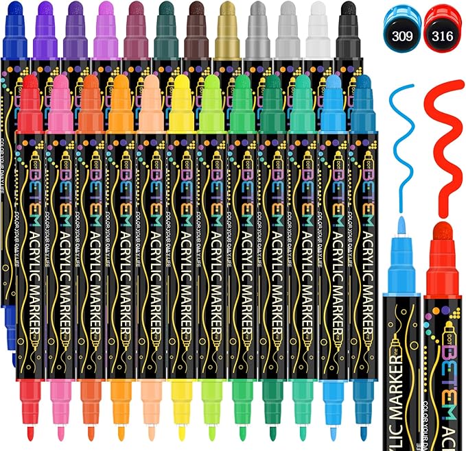 Betem 24 Colors Dual Tip Acrylic Paint Pens Markers, Premium Acrylic Paint Pens for Halloween Decorations, Wood, Canvas, Stone, Rock Painting, Glass, Ceramic Surfaces, Pumpkin Painting Kit DIY Crafts