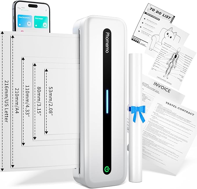 Phomemo Portable Thermal Printer, Bluetooth Inkless Portable Printers Wireless for Travel, Support 8.5''x11'' US Letter & A4, Small Compact Mobile Printer for Phone Laptop, for Office School Home Use