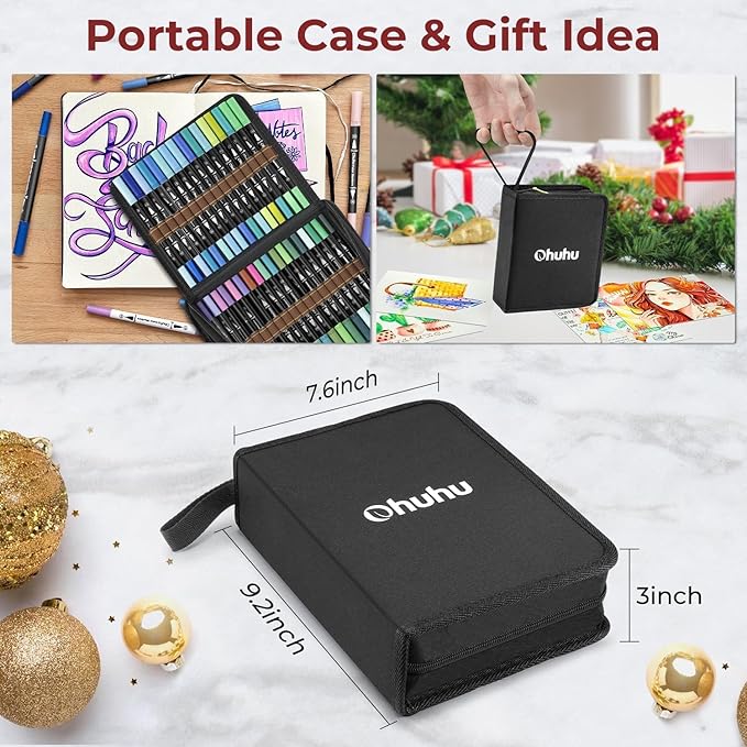 Ohuhu Markers for Adult Coloring Books: 100 Colors Brush Pens Dual Brush Fine Tip Drawing Pens Water-Based Coloring Markers for Calligraphy Bullet Journal with Carrying Case - Maui - Black