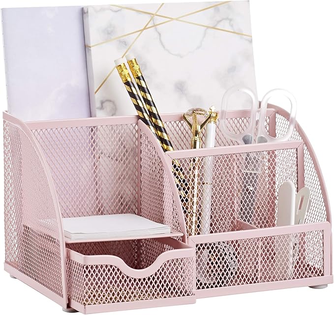 Annova Mesh Desk Organizer Office with 7 Compartments + Drawer/Desk Tidy Candy/Pen Holder/Multifunctional Organizer (Light Pink)