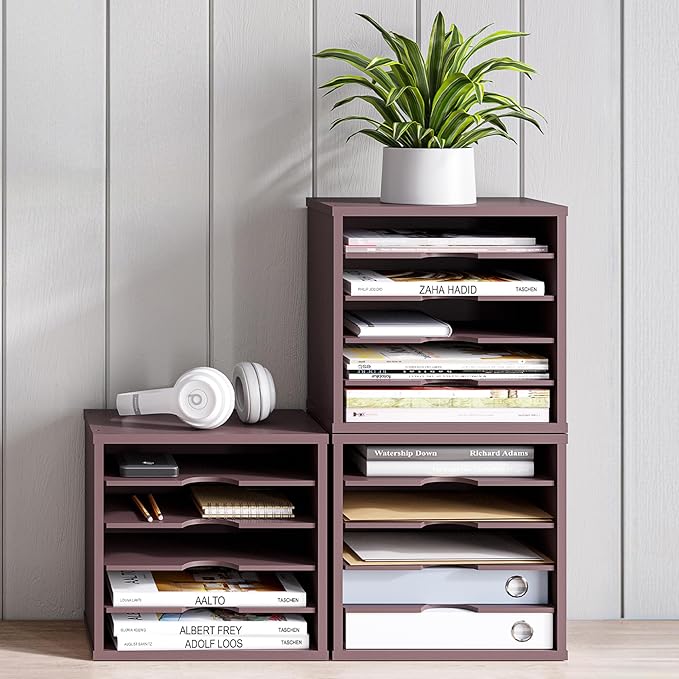 Ballucci File Organizer Paper Sorter, 5 Tier Stackable Office Desk Organizer, Classroom Letter Tray, 13 5/8" x 9 1/4" x 12", Dark Brown