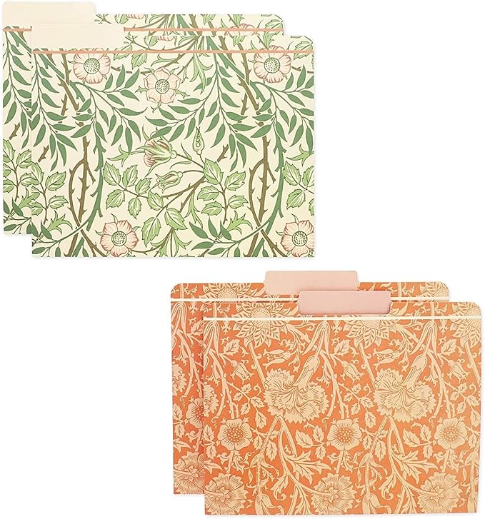 The Gifted Stationary 12 Pack William Morris Floral File Folders, Decorative 1/3 Cut Tab, Letter-Size Holders for Home Office in 6 Patterned Designs - Decorative File Folders - Office Supplies