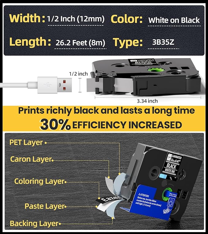 Tze 12mm 0.47 Inch Laminated White on Black Compatible with P Touch Label Tape TZ TZe-335 TZe335 Refills for Ptouch PT-H110 D200 D210 D220 D400 PT-D600 Label Maker, 3-Pack