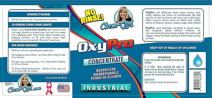 Chem-Girl OxyPro Concentrated Multi-Purpose Surface Cleaner to the Rescue - Chlorine-Free, Oxygen-Powered Stain & Odor Remover, 5 Percent Hydrogen Peroxide (H2O2), 1-Gallon, 2-Pack