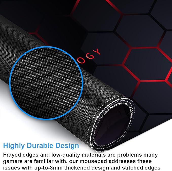Desk Pad, Black and Red Honeycomb Hexagons Technology XXL Gaming Mouse Pad with Stitched Edges,Non-Slip Waterproof Rubber Base Large Desk Mat for Keyboard and Mouse 35.4"x15.7"