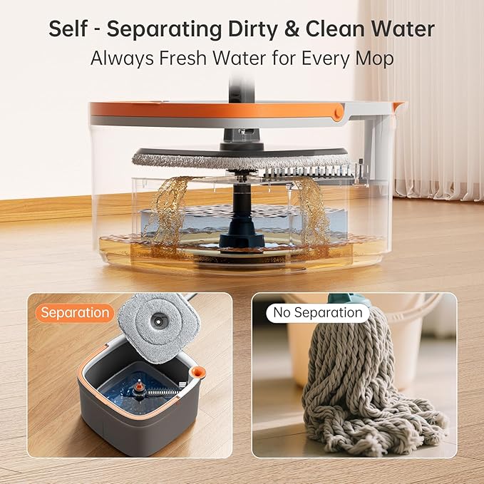 KZKR Spin Mop and Bucket Set with 4 Replaceable Microfiber Mop Pads with Self Separation Dirty and Clean Water System, Self Wringing 360° Rotating Square Mop Head for Hardwood Tile Marble Floors