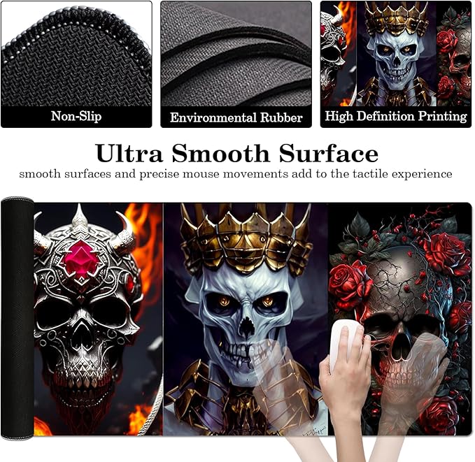 Skull Mouse Pad, Gaming Mouse Pad Large, Keyboard Mouse Mat Desk Pad, Non-Slip Rubber Base with Stitched Edges Mousepad, 31.5X15.7inch