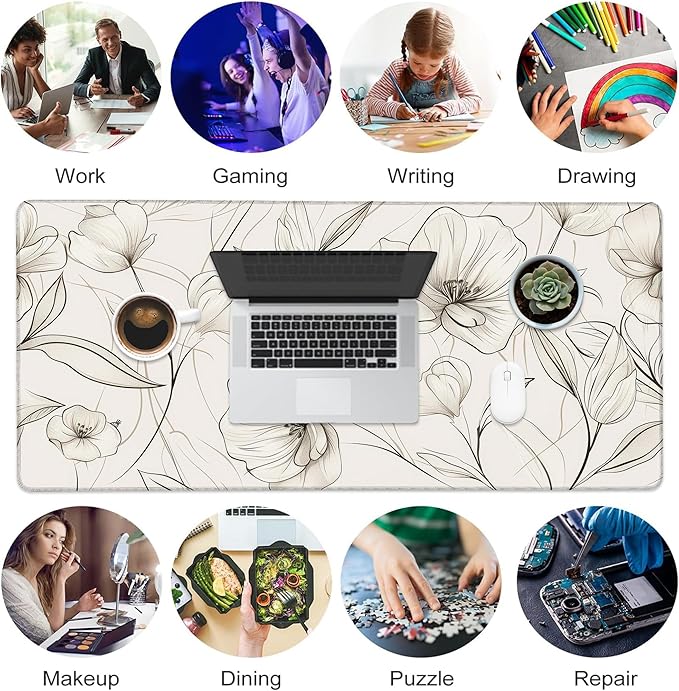 Desk Pad, Boho Minimalist Flowers XXL Gaming Mouse Pad with Stitched Edges,Non-Slip Waterproof Rubber Base Large Desk Mat for Keyboard and Mouse 35.4"x15.7"