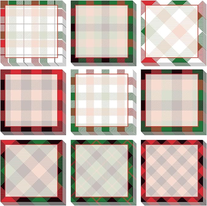 9 Pieces Christmas Plaid Sticky Note Christmas Plaid Design Self-Adhesive Note Pads Christmas Plaid Sticky Memo Notes for Xmas School Office Home Supplies Students Teachers Present 9 Styles