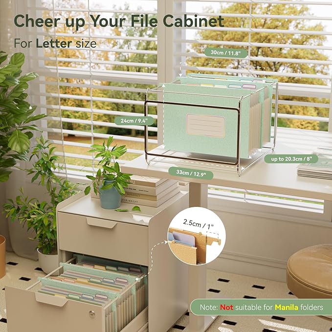 Wheat Straw Expanding Hanging File Folders, File Organizer, 1.2" Accordion Pockets, Large Capacity, Letter Size for Filing Cabinet, 100% BPA Free, Return to Nature, Healthy Living-Mint Green