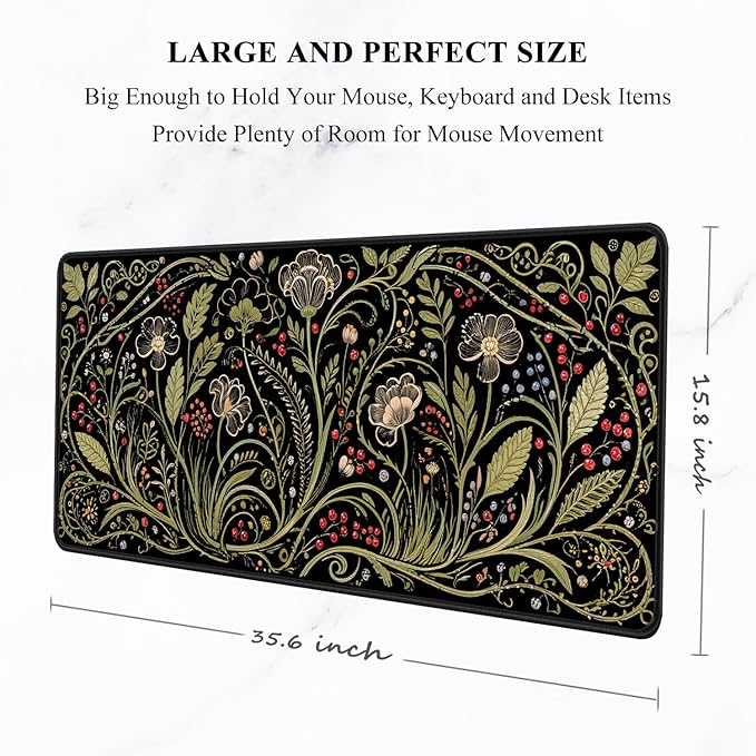 Auhoahsil Desk Mat, Ultra Large Mouse Pad, XXL Gaming Mousepad, Pretty Desk Pad, Big Extended Full Size Desktop Desk Matt for Keyboard, Laptop & Computer, 35.5 x 15.7 in, European Vintage Flowers