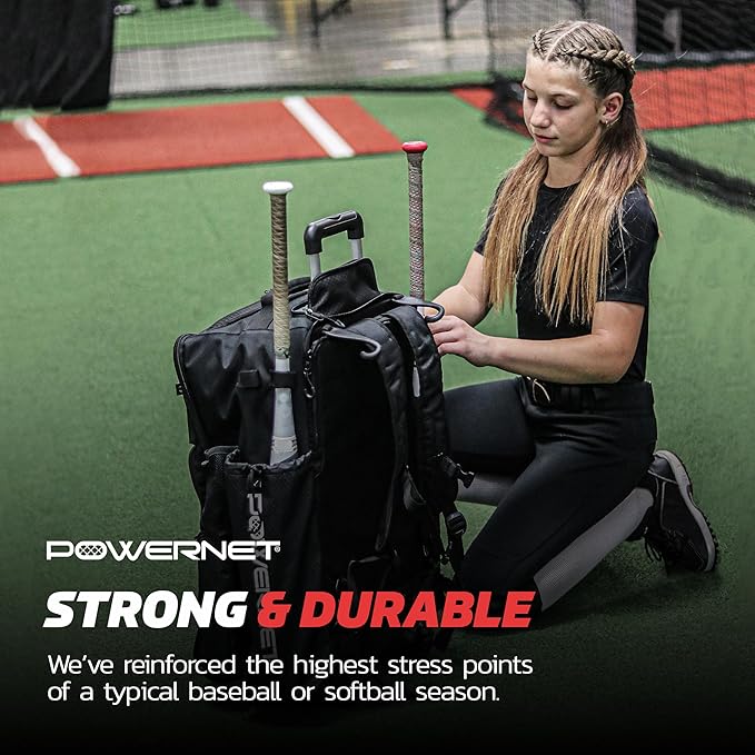 PowerNet Odyssey Softball & Baseball Bag, Rolling Backpack for Baseball Gear, Bat Bag with 4 Bat Sleeves, Cleat Compartment & Hanging Hooks