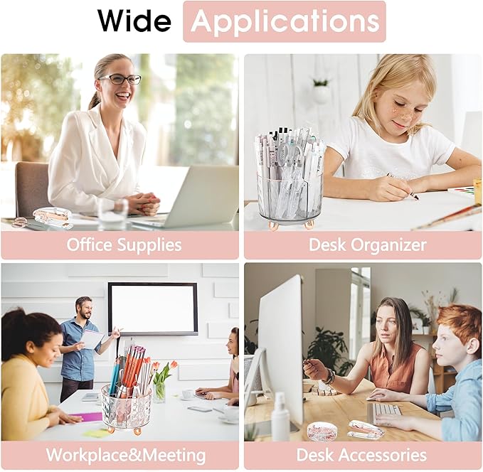 Rose Gold Desk Accessories, Office Supplies Desk Organizers 360°Pen Holder Acrylic Stapler Set, Phone Holder, Ballpoint Pen, Scissor, Binder Clips, Ruler, Transparent Glue, Sticky Note and Staples.