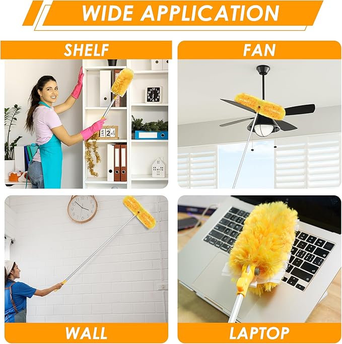 NEWE Dusters for Cleaning with 20 Refills for Flash, Extendable Handle Heavy Duty Dust Magnet for Swiffer with Microfibers, 360 Degree Multi-Surface Dusting Kit for Blinds Furniture (Yellow)