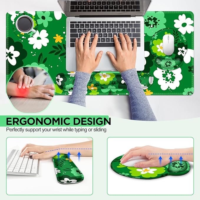 AIMSA Keyboard Mouse Pad Wrist Rest Set, Large Gaming Mouse Desk Pad with Wrist Support Ergonomic Design, 4 in 1 Mousepad for Home Office, Green Flowers