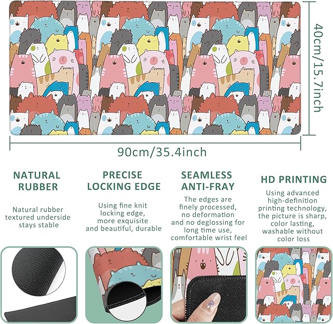 Large Mouse Pad Doodle Cats and Kittens Extended Gaming Mouse Pad Non-Slip Desk Mat with Stitched Edge Laptop Computer Keyboard Mousepad for Office Home 35.4" x 15.7"