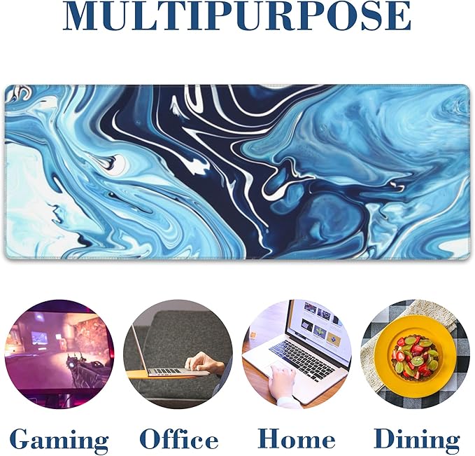 Large Gaming Mouse Pad for Desk Blue Marble Art Big Desk Mat Extended Mousepad with Stitched Edge and Non-Slip Base Long Computer Keyboard Mouse Mat for Home Office Work, 11.8 x 31.5 Inch