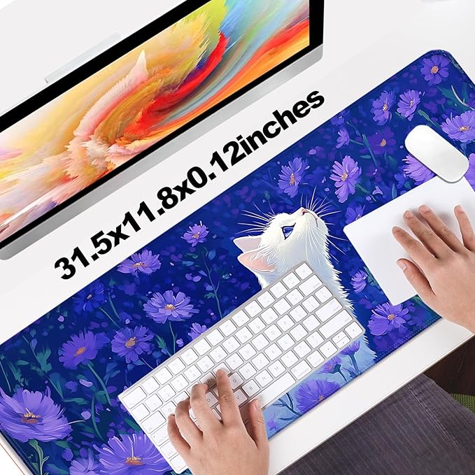 Cute White Cat and Purple Daisy Gaming Desk Mat, Computer Keyboard Large Extended Long Flower Mouse Pad for Office and Home, XL (W25)