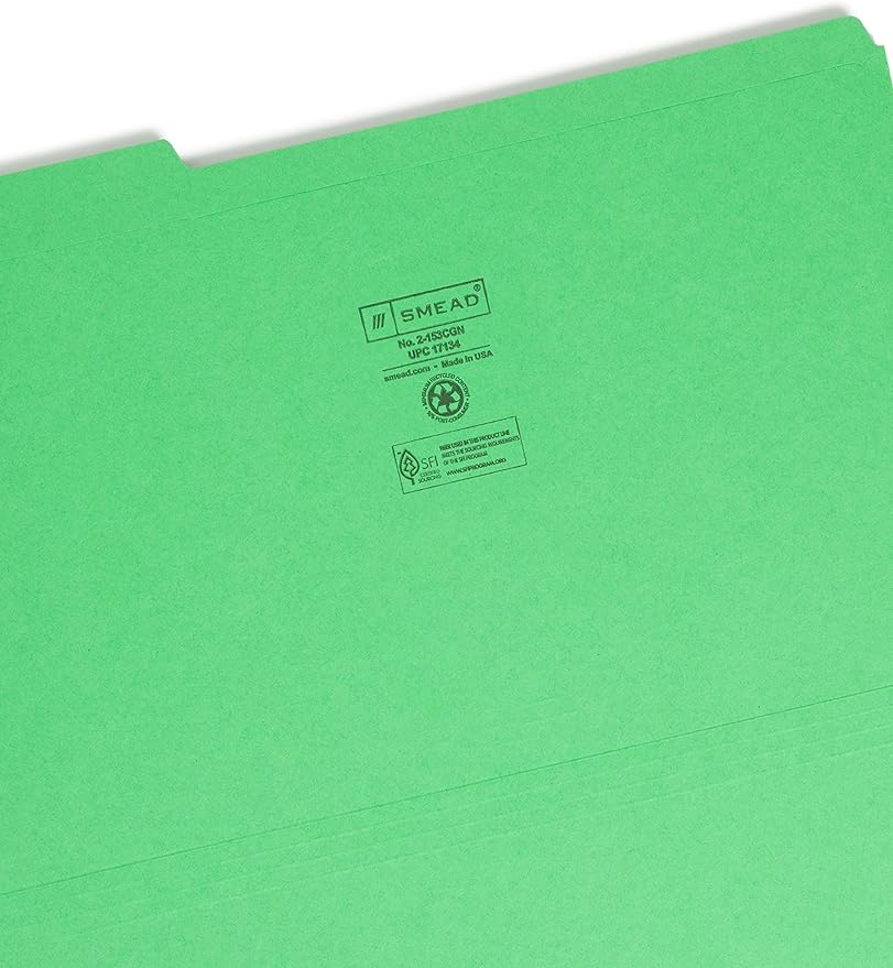 Smead File Folder, Reinforced 1/3-Cut Tab, Legal Size, Green, 100 per Box (17134)