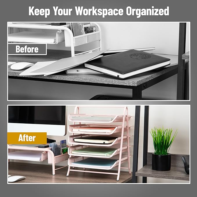Mind Reader 5-Tier Paper Tray Organizer, Vertical Desktop File Storage Rack, Office, Metal Mesh, Pink