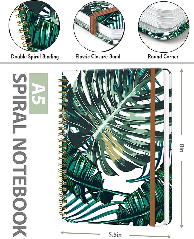 Spiral Journal Notebook for Women, Hardcover A5 College Ruled Notebook, 120 Pages, Thick Paper, Cute Lined Journal for School, Office & Work, 6 x 8.4 in(Palm Leaves)