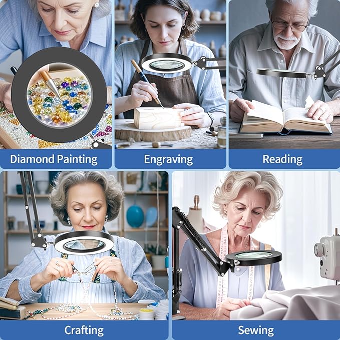 HITTI 10X Magnifying Glass with Light and Stand, Stepless Dimming 3 Color Modes LED Magnifier Lighted Glass, Hands Free Desk Lamp with Clamp for Reading Repair Crafts Close Work