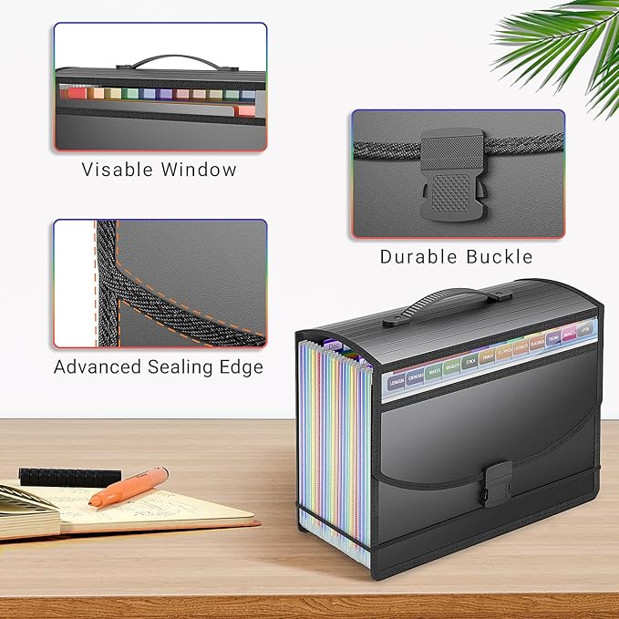 25 Pockets Accordion File Organizer with Handle,Expanding File Folder for Paper/Document/Bill,Portable Filing Box,Visible Window,Quick Search,Expandable Bottom,Large Capacity,A4/Letter Size