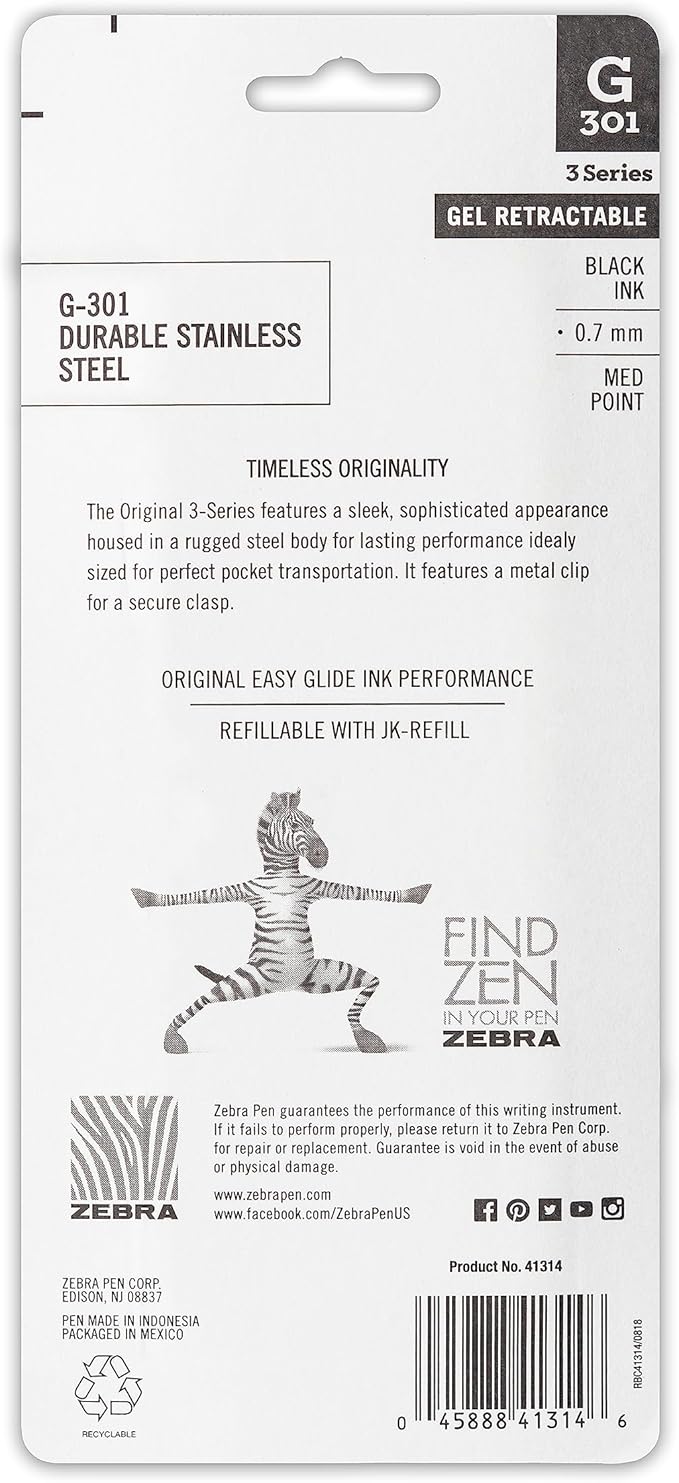 Zebra Pen G-301 Retractable Gel Pen, 0.7mm Medium Point, Stainless Steel Barrel, Ideal for Office Supplies, School Supplies & Teacher Supplies, Black Ink, 4-Pack (41314)