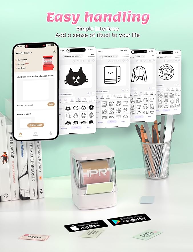 HPRT NEW1 Label Maker - Label Make Machine with 1 Roll Tape Portable Bluetooth Thermal Printer for Smartphone iPhone&Andriod, White