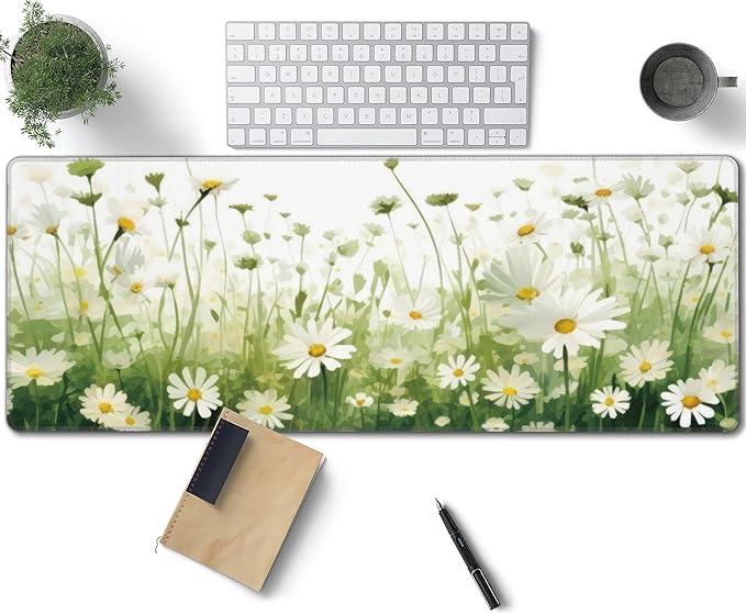 Daisy Flowers Large Mouse Pad, Floral Gaming Desk Mat, XL Keyboard Desk Pad Mat for Desktop, 31.5"x11.8" Non-Slip Base Big Mousepad with Stitched Edges