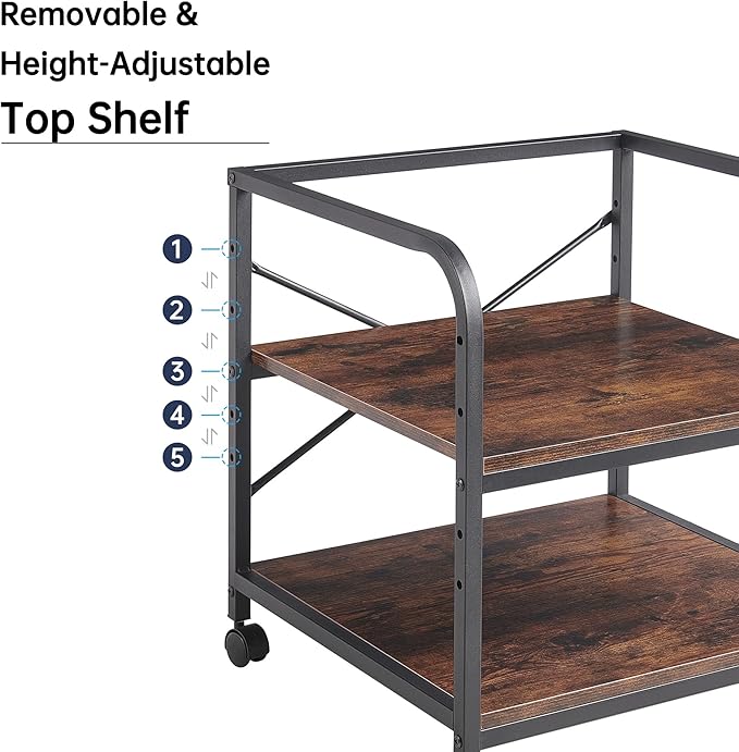 Under Desk Printer Stand, 20 Inches Deep Large Printer Table with Height Adjustable Storage Shelf, 2 Tier Rolling Printer Cart with Wheels for Home Office - Rustic Brown