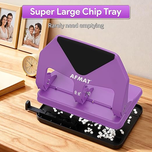 AFMAT HP20 Heavy Duty 3 Hole Punch, 50-Sheet Capacity, 60% Reduced Effort Three Hole Puncher for Binder, 10K+ Uses, Large Chip Tray, Adjustable Paper Guide, Office Metal Paper Puncher 3 Ring, Purple