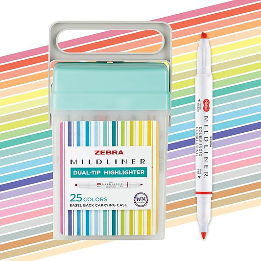 Zebra Pen Mildliner Dual-Tip Highlighters, Broad and Fine Tips, Ideal for Bible Highlighting, No Bleed, School Supplies and Teacher Supplies, Assorted Ink in Easel Back Carrying Case, 25-Pack (78025)